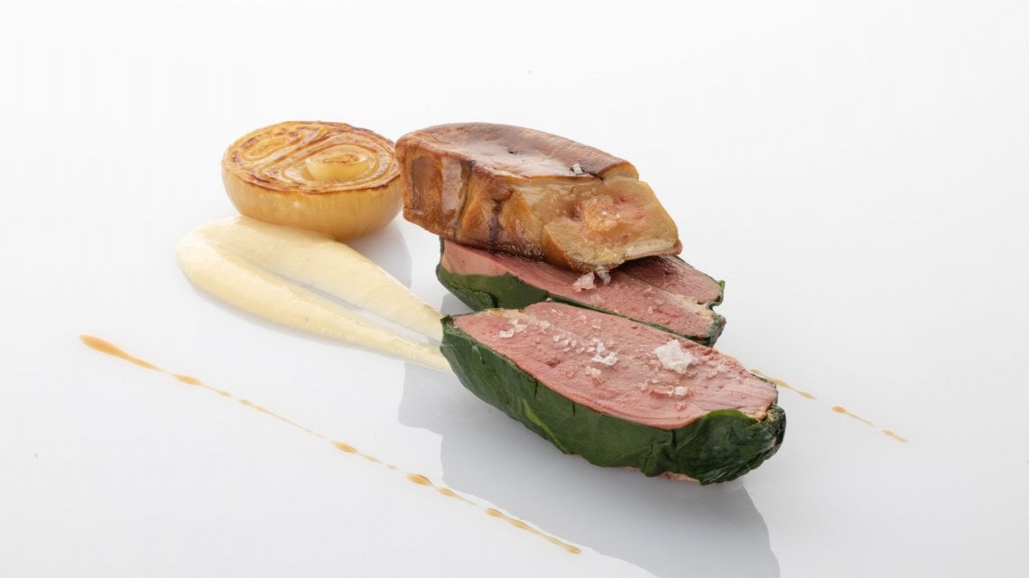 Piccione e fegato grasso d'oca con crema di patate alla pancetta
