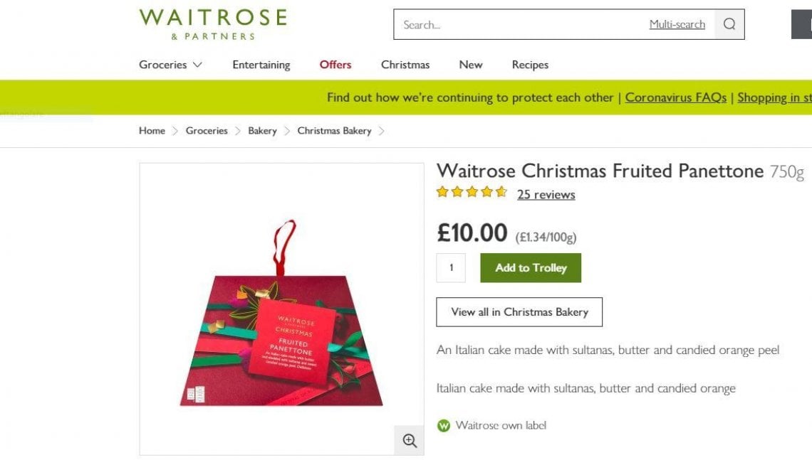 Panettone in vendita sul sito della catena di supermercati&nbsp;Waitrose