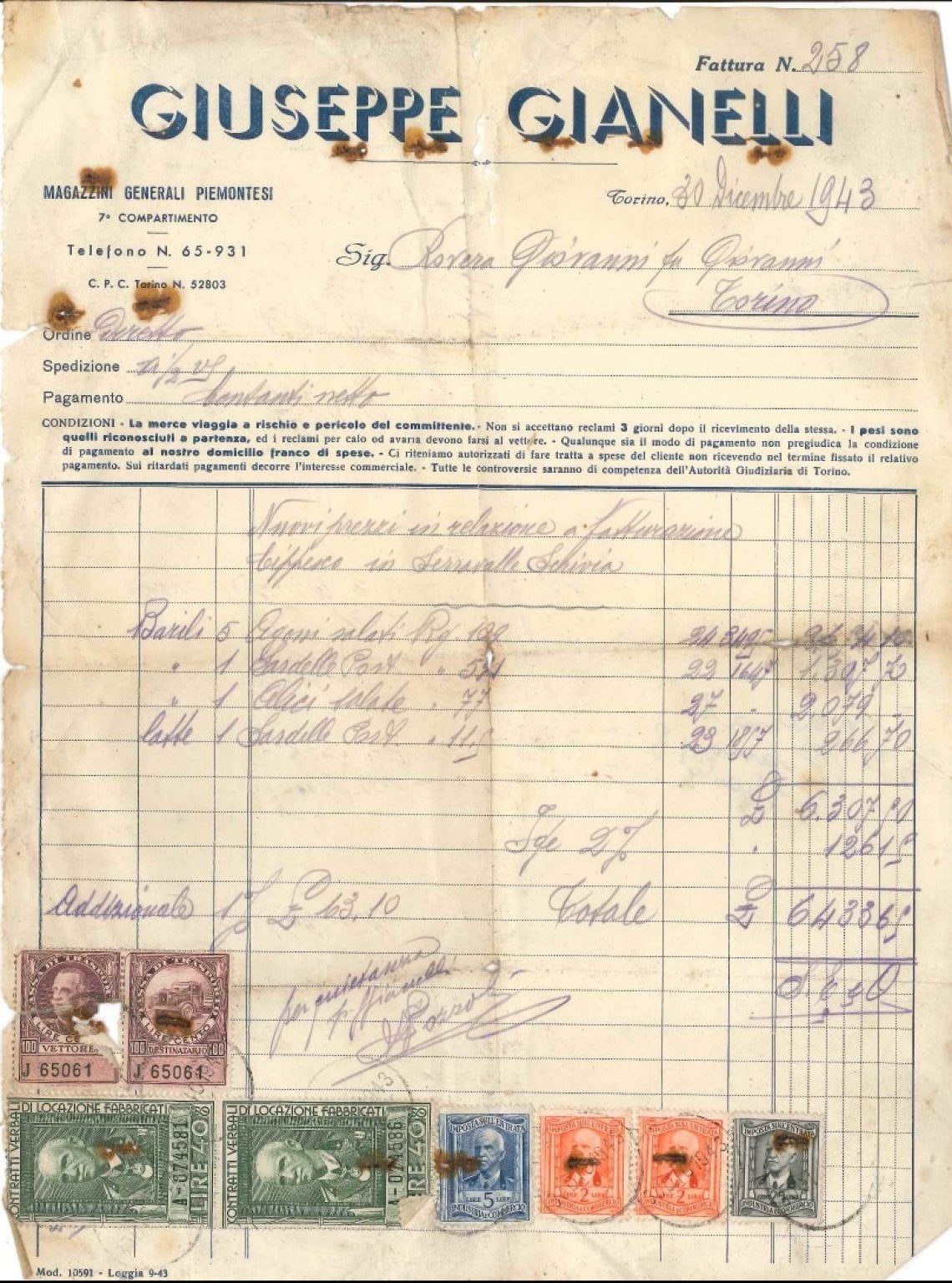 Una fattura del 1943 della famiglia Rovera