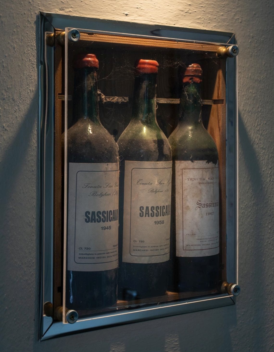 &nbsp;Bottiglie storiche di Sassicaia esposte in cantina