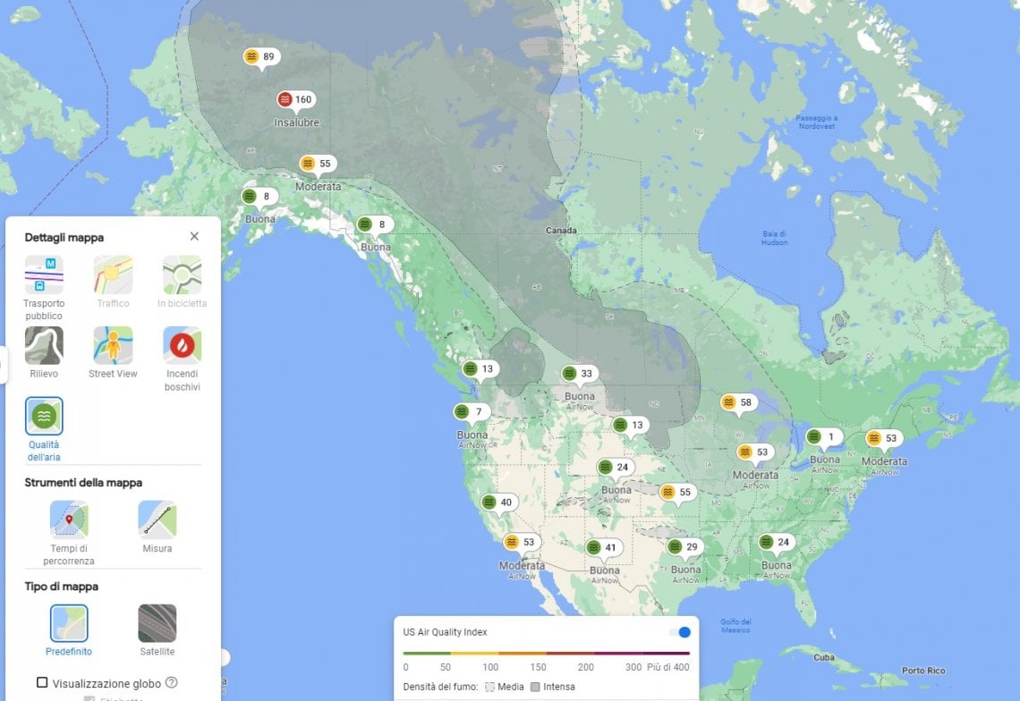 La qualit&agrave; dell'aria nelle aree di Canada e Usa colpite dagli incendi