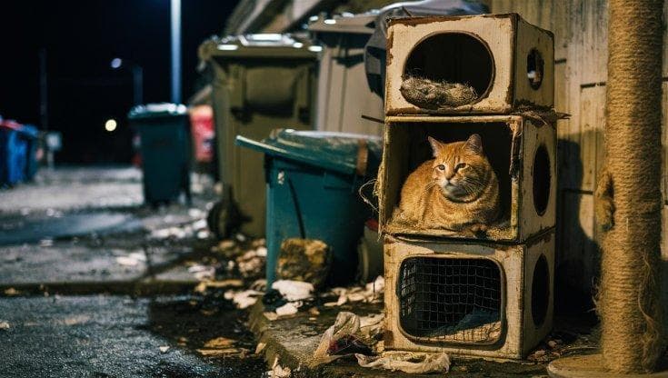 Gatto randagio trova un albero tiragraffi nella spazzatura, la sua ...