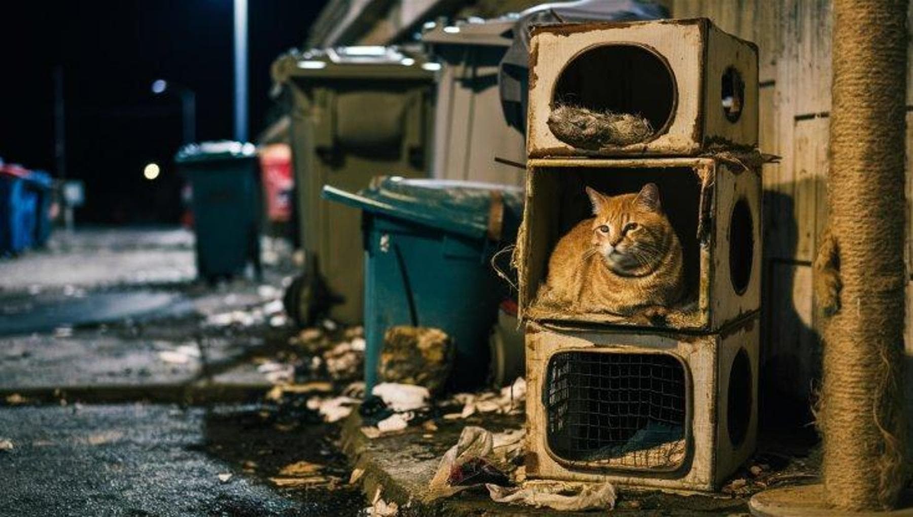 Gatto randagio trova un albero tiragraffi nella spazzatura, la sua ...