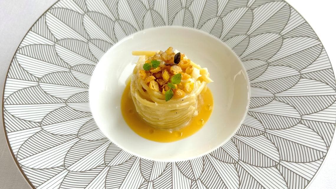 Un Piano nel Cielo, Casa Angelina: linguina di Gragnano, cacio e pepe, trippa di baccalà e ceci di Controne