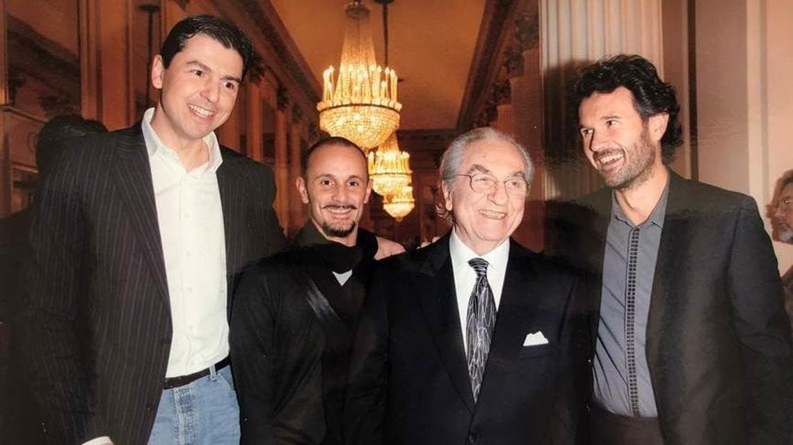 Alla festa per gli 80 anni, con i suoi allievi Andrea Berton, Enrico Crippa e Carlo Cracco