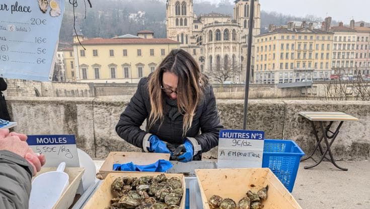 Il mercato alimentare a fine anno, lungo il fiume Saona che con il Rodano bagna Lione: ostriche e crostacei (@LaraLoreti)