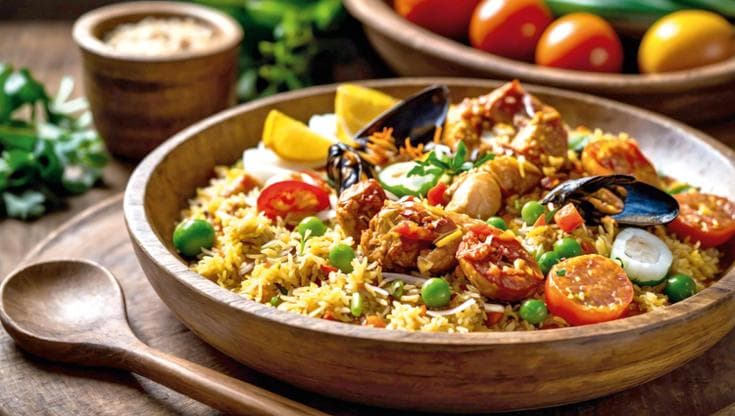 Paella delle Filippine, piatto ricco di influenze ispanico-asiatiche, con pollo e frutti di mare