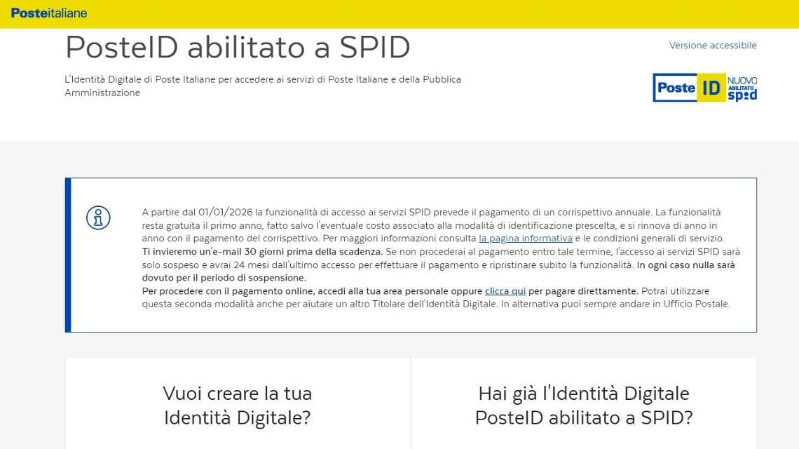 La pagina dove accedere allo SPID di Poste Italiane