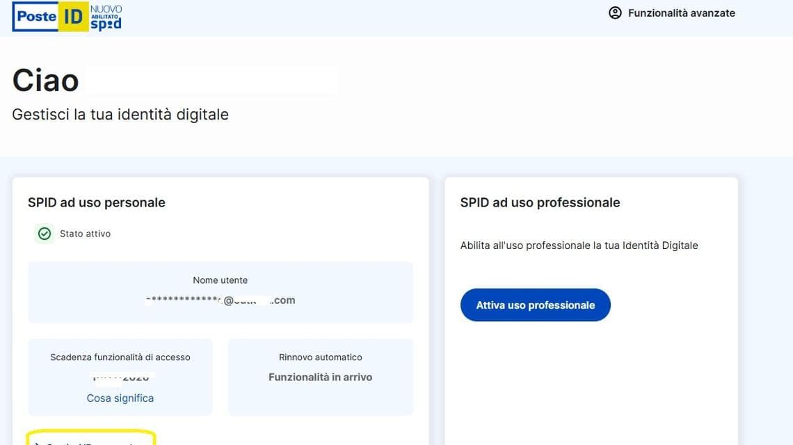 Aprire Gestisci ID personale per cambiare l'indirizzo email associato