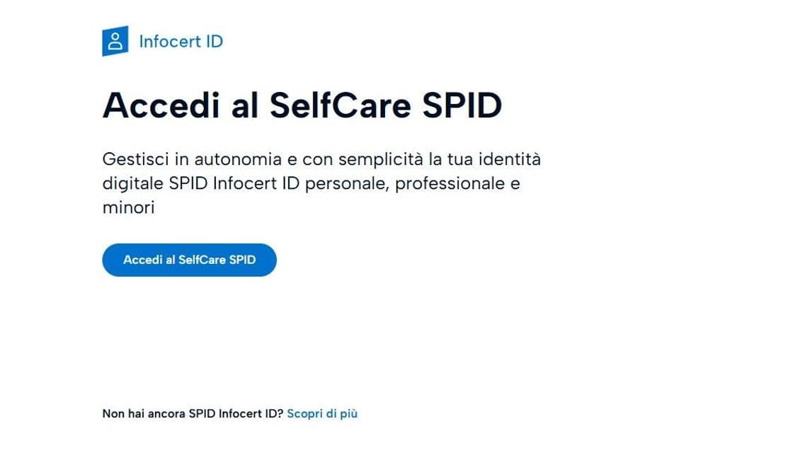 La pagina dove si accede al SelfCare SPID su Infocert