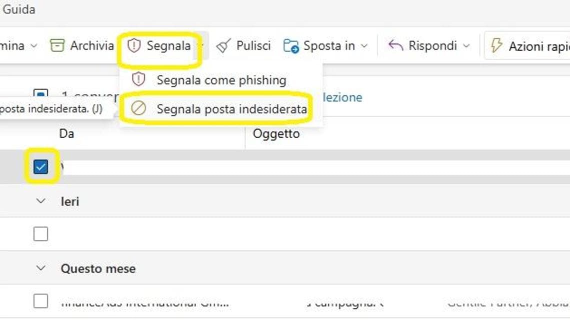 Come contrassegnare un messaggio come Posta indesiderata su Outlook