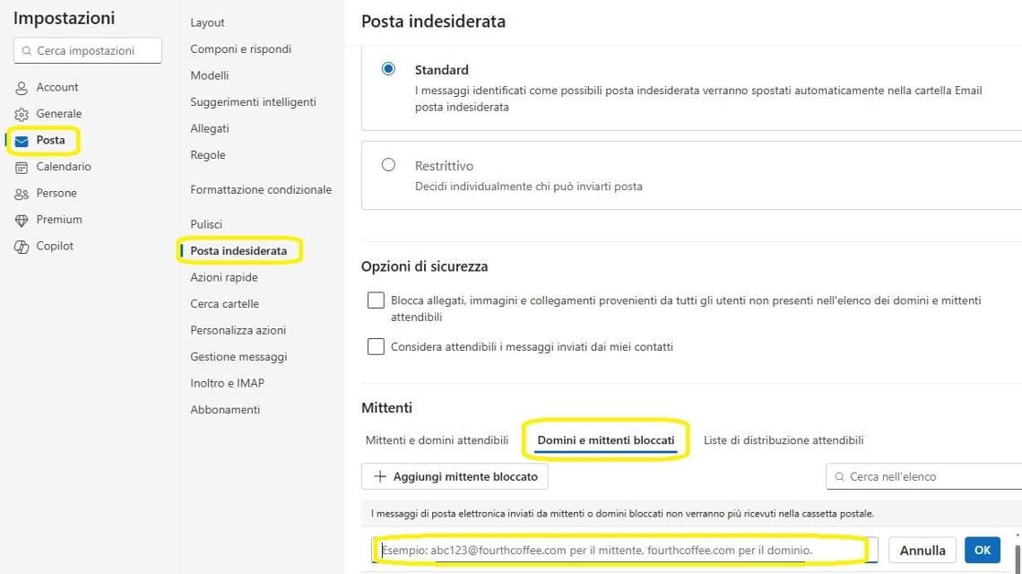 Per bloccare siti o mittenti da Outlook si passa per le impostazioni sulla Posta indesiderata