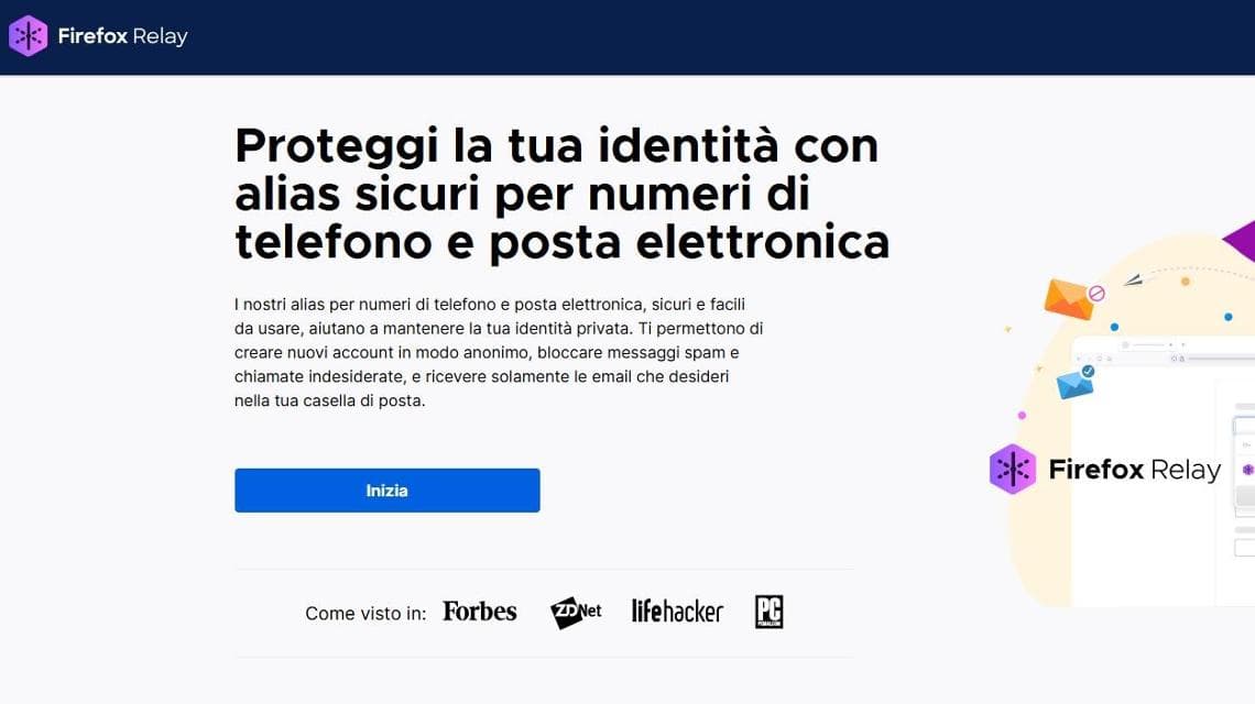 La home di Firefox Relay