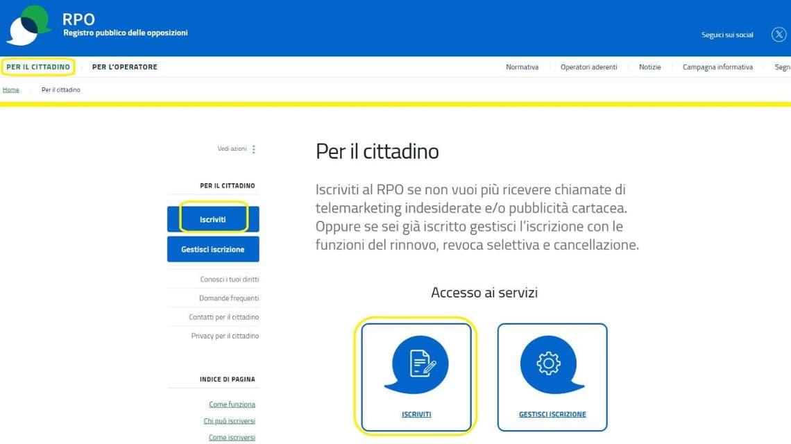 Il sito del Registro Pubblico delle Opposizioni