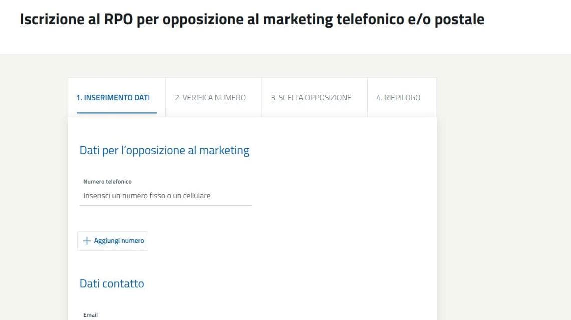 Come si presenta il form d'iscrizione sul sito del Registro Pubblico delle Opposizioni