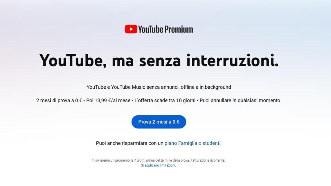 La pagina dove si può approfittare della prova gratuita di YouTube Premium o abbonarsi a uno dei piani disponibili