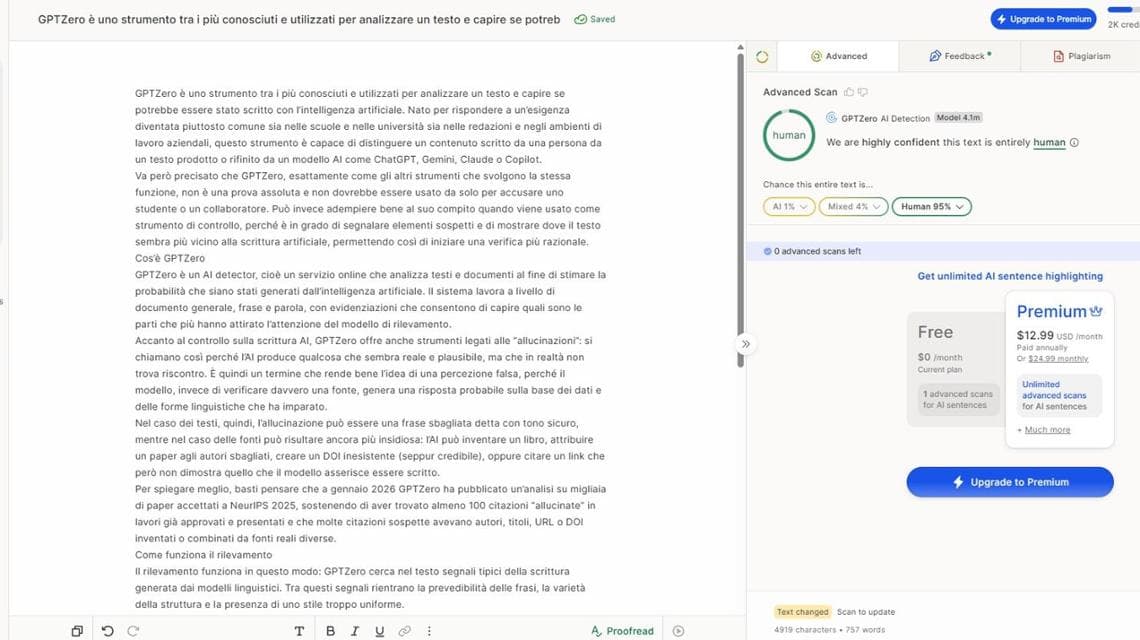 Lo strumento stima una probabilità di scrittura AI o umana per un testo