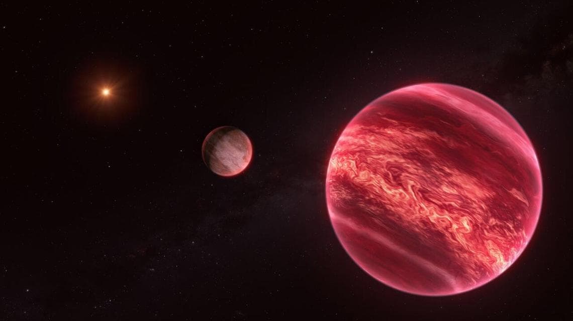 Illustrazione del sistema attorno alla stella CD-35 2722 (a sinistra) dove è stata scoperta la eso-luna (al centro). In primo piano a destra l'esopianeta attorno al quale orbita la luna.