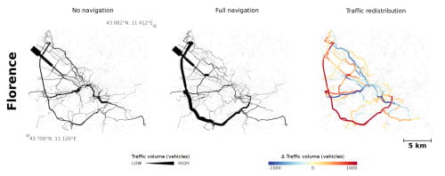 Mappe del traffico a confronto senza e con utilizzo del navigatore a Firenze (Cnr-Isti)