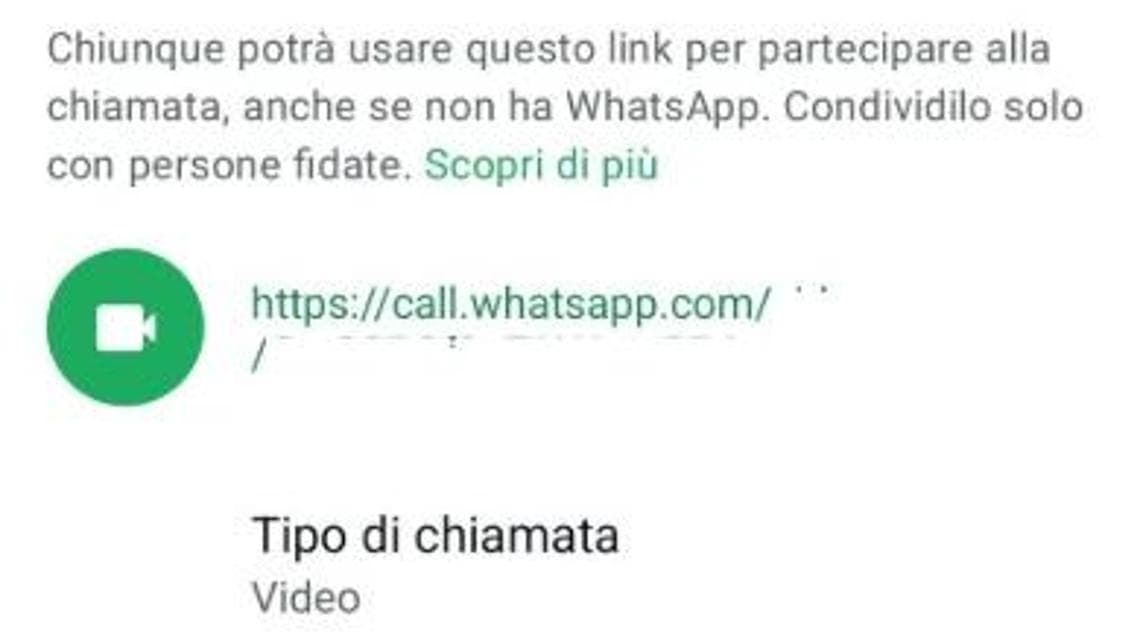 Il link che l'utente non registrato a WhatsApp riceverà e dovrà cliccare per partecipare alla videochiamata
