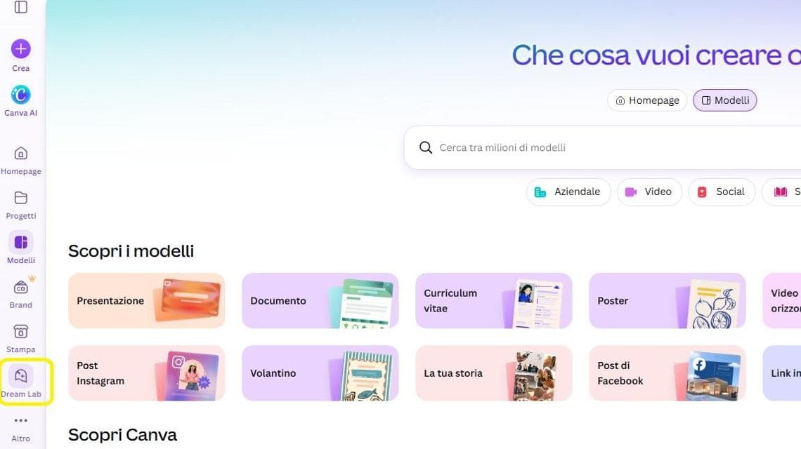 Dalla home di Canva si seleziona Dream Lab