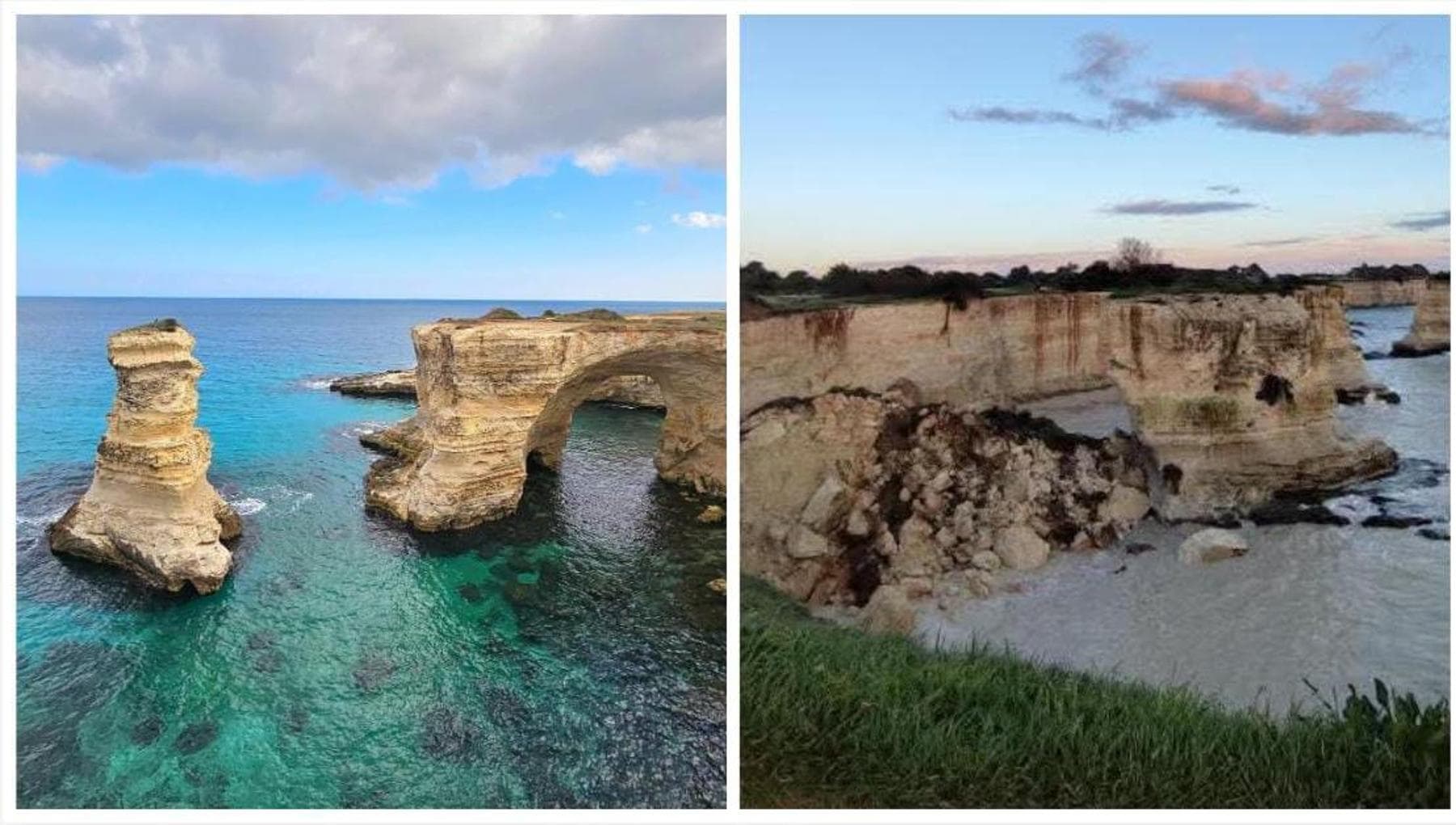 L’Arco degli innamorati si sbriciola per una mareggiata a San Valentino: era un simbolo del Salento