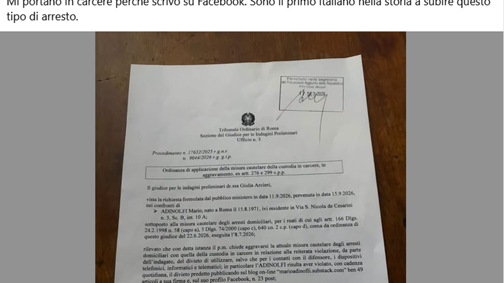 mario adinolfi portato in carcere e su fb scrive mi stanno arrestando perch233 scrivo sui social da Roma.repubblica.it mario adinolfi portato in carcere e su fb scrive mi stanno arrestando perch233 scrivo sui social