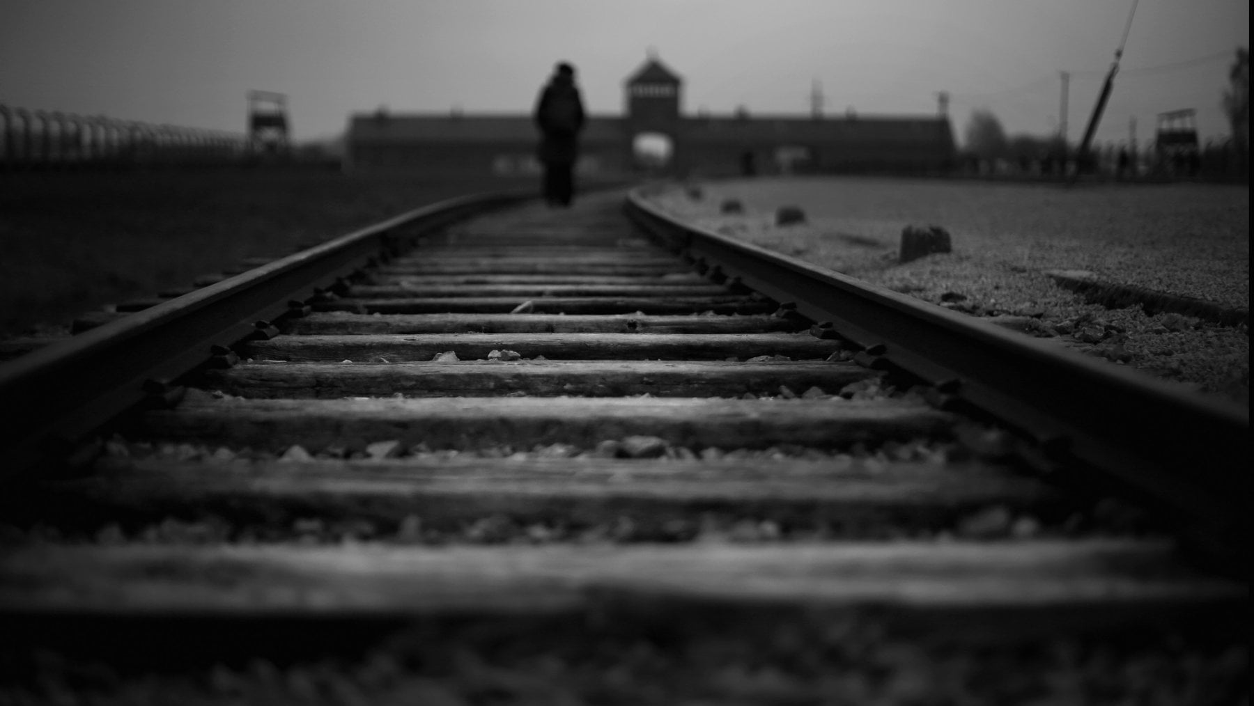 Il binario che porta all&rsquo;ingresso del campo di concentramento di Auschwitz-Birkenau. Foto Christopher Furlong/Getty Image