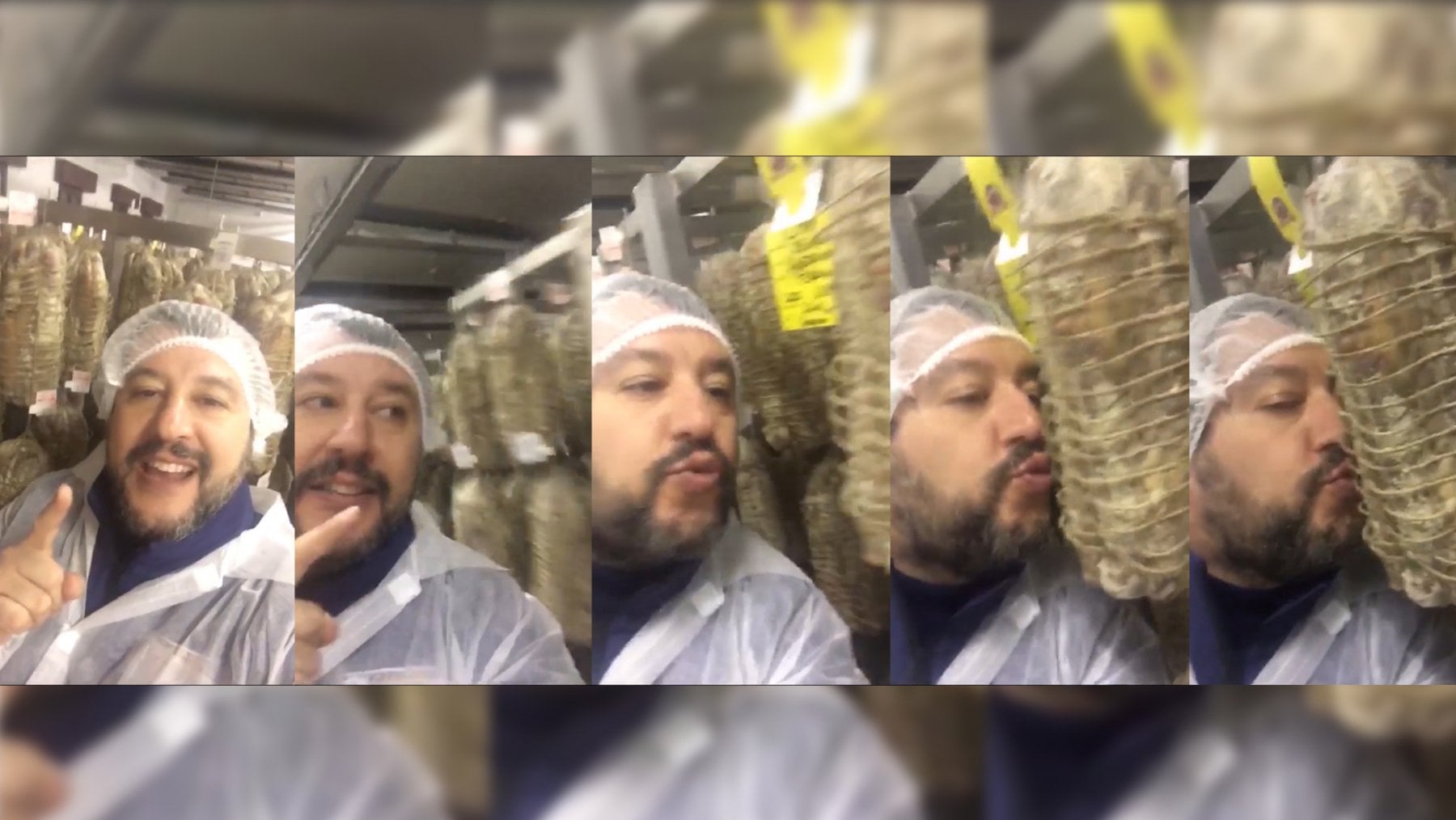 Il bacio di Matteo Salvini alla coppa durante la visita a un salumificio in Emilia-Romagna