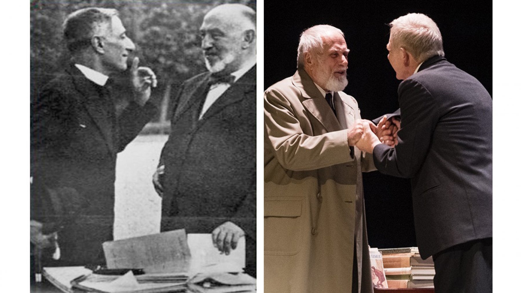 Da sinistra, don Sturzo e Gaetano Salvemini e una scena di Fuoriusciti: Antonello Fassari (a destra) &egrave; don Sturzo, mentre&nbsp; Luigi Diberti interpreta Salvemini