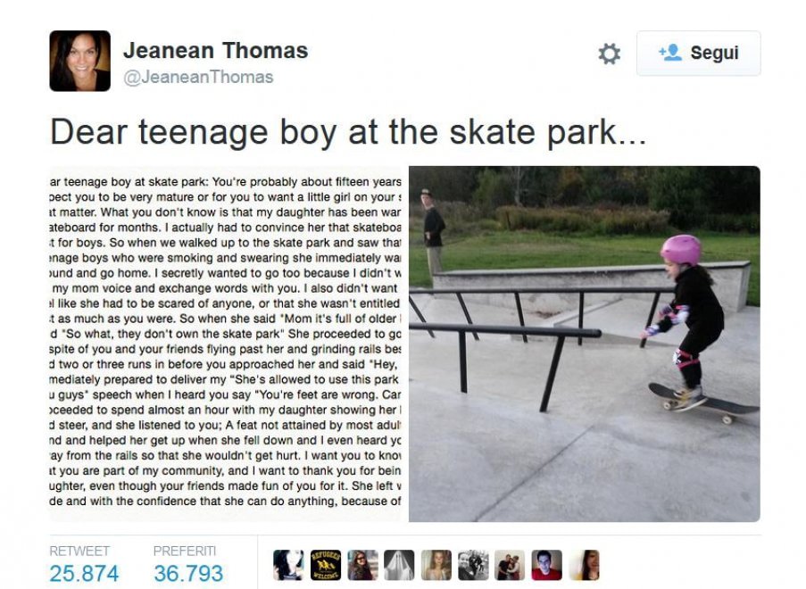 "Ringrazio lo skater gentile che ha insegnato a mia figlia che non esistono sport solo per maschi"