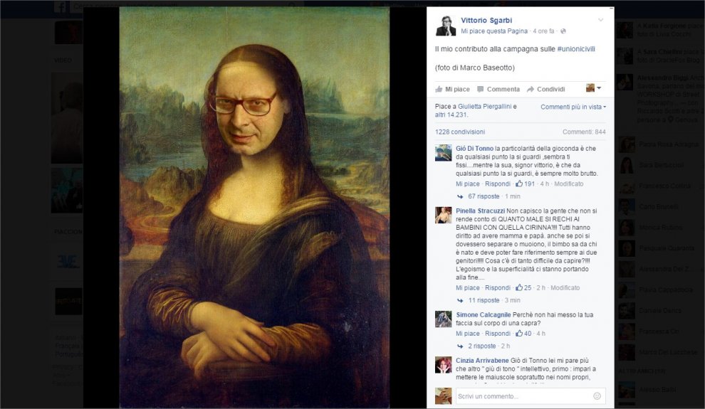Unioni civili, #iocimettolafaccia e Sgarbi fa la Gioconda