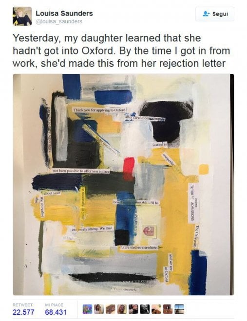Regno Unito, non viene ammessa a Oxford e trasforma la lettera di rifiuto in arte