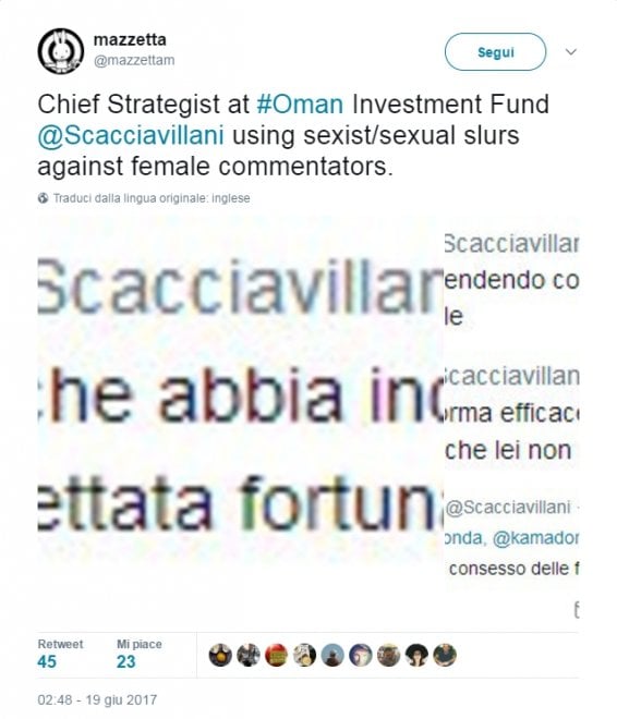 Scacciavillani, insulti e sessismo senza freni su Twitter
