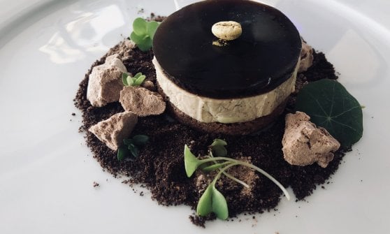 Foie Gras marinato con Almagnac '88, biscotto di cioccolato, terriccio caffe? e cacao, gelatina di caffe?&nbsp;