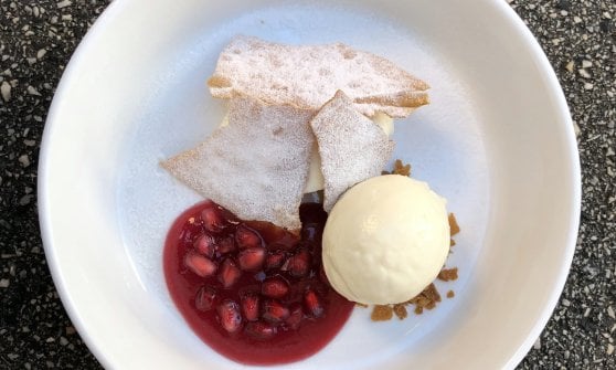 Gelato di foglie di fico, cracker al miele, melograno in salsa