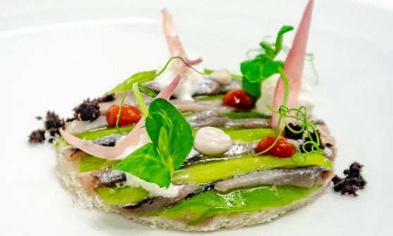 "Alice nel giardino delle meraviglie", sfoglia di pane tostato con alici, friggitelli, burrata e pachino