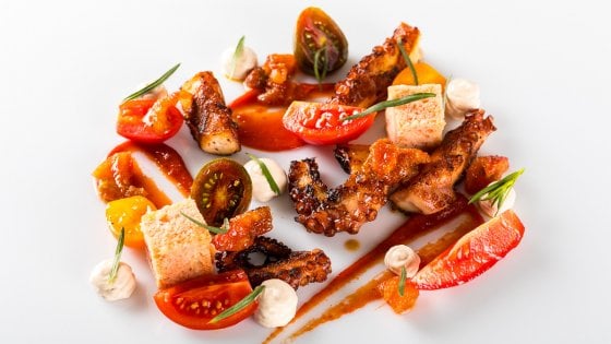 Polpo verace arrostito alla variazione di tre pomodori e dragoncello. Foto di Alberto Blasetti