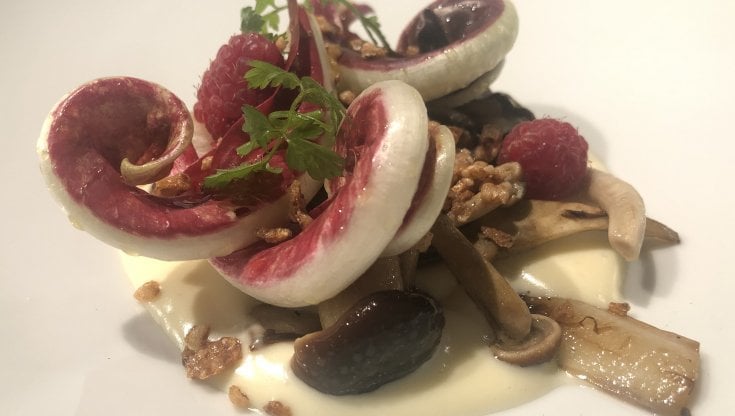 Radicchio tardivo, chiodini e lamponi, crema di patate affumicate, grano saraceno soffiato