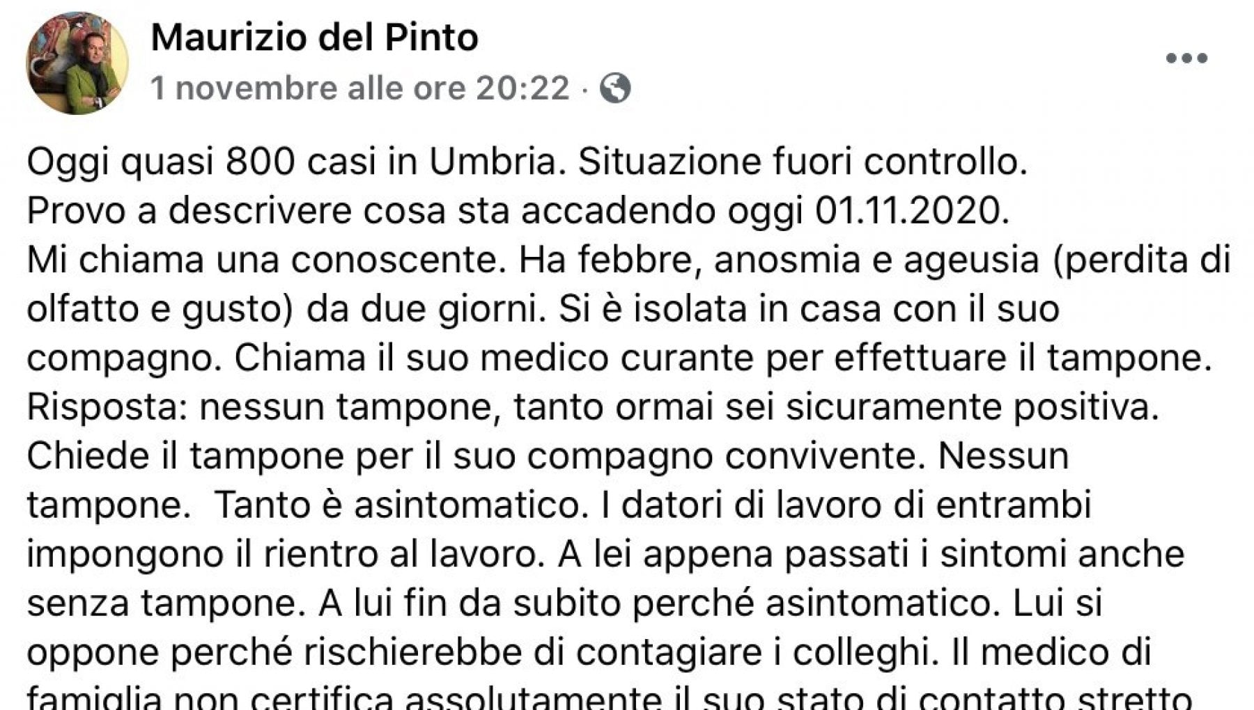 Umbria Situazione Covid fuori controllo non si fanno i tamponi  
