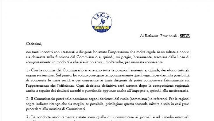La prima pagina del regolamento della Lega in Calabria