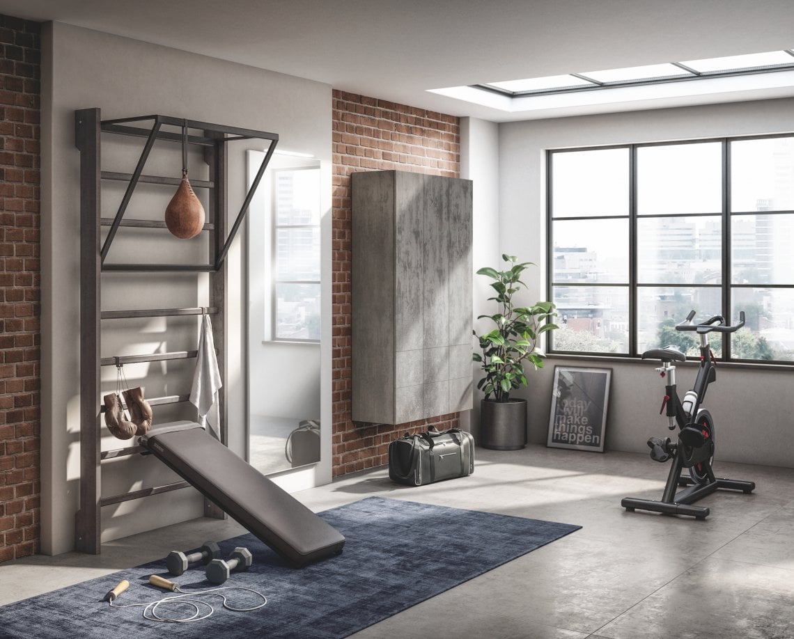 Non solo cucina per Scavolini, ma anche living e bagno con eventuale angolo palestra, come in questo caso: Aquo Gym Space