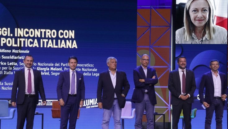 Ettore Rosato, Giuseppe Conte, Antonio Tajani, Enrico Letta, Matteo Salvini, Maurizio Lupi e Giorgia Meloni al Meeting di Cl a Rimini