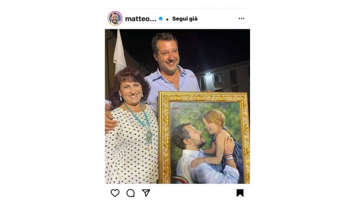 Il quadro realizzato da Mariella, la pittrice di Treviglio che ha ritratto Matteo Salvini con la figlia