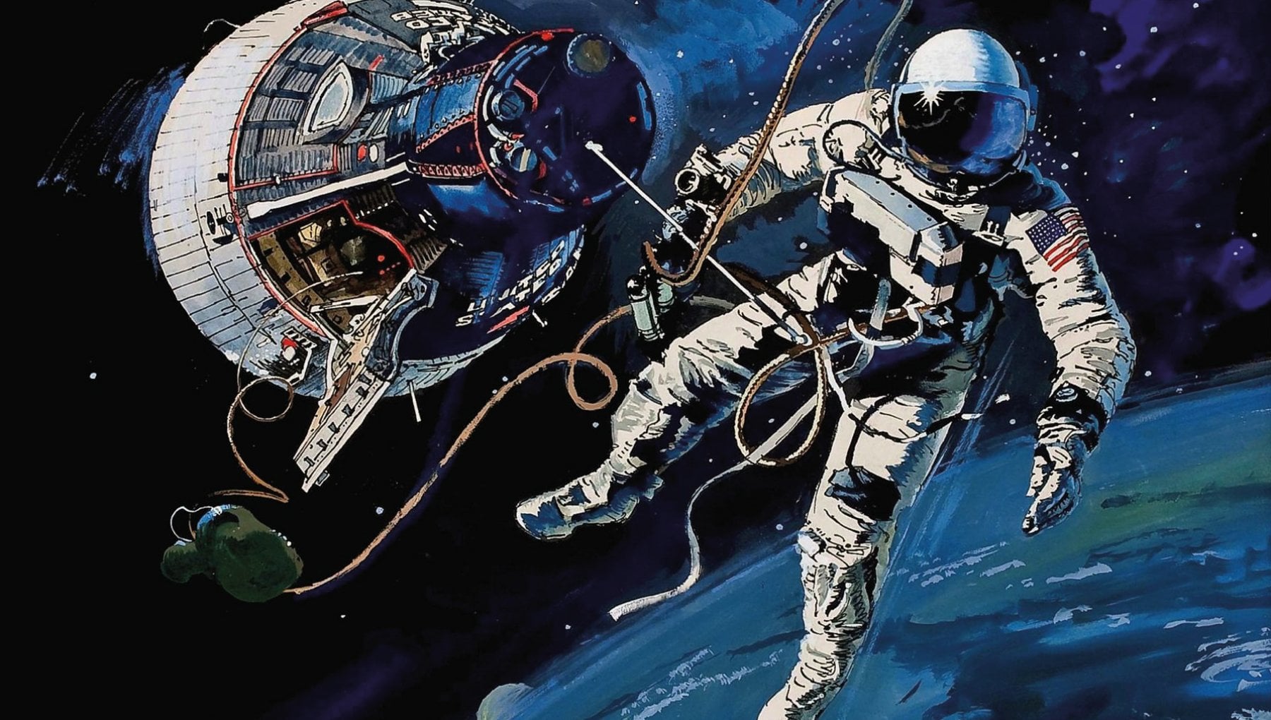 Robert McCall ritrae la prima uscita nello spazio di un americano, Edward White, 1965. Credit: NASA/McCall Studios