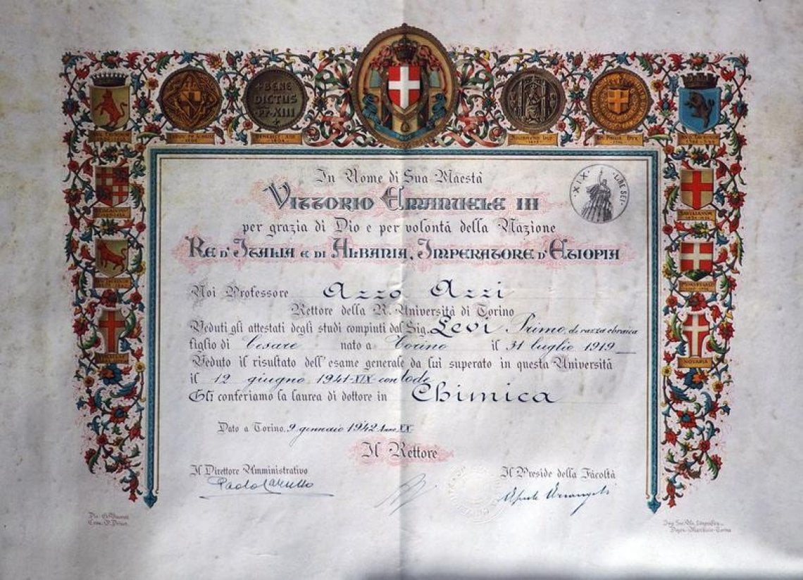 Il diploma di laurea in Chimica di Primo Levi