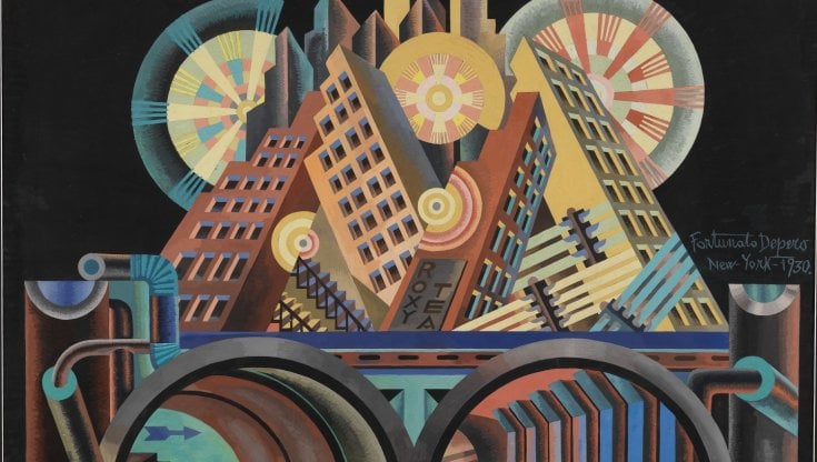Fortunato Depero, Grattacieli&nbsp; e tunnel (tempera su cartoncino, 1930), Mart, Fondo Depero&nbsp;