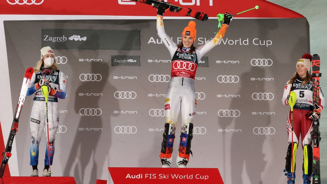Petra Vlhova festeggia sul podio insieme a Mikaela Shiffrin e Katharina Liensberger