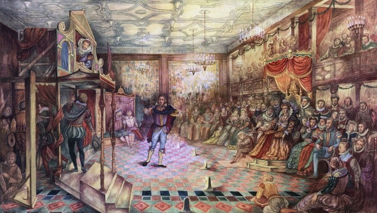 Un&rsquo;illustrazione del 1594 mostra Shakespeare e la sua compagnia (GraphicaArtis / Getty Images)