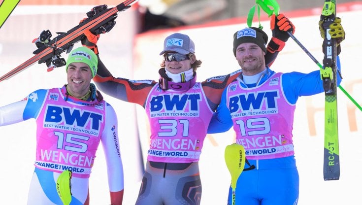 Il podio dello slalom: da sinistra Daniel Yule, Lucas Braathen e Giuliano Razzoli